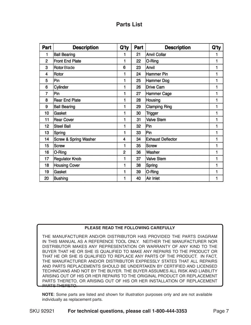 Parts list | Harbor Freight Tools 92921 User Manual | Page 7 / 8