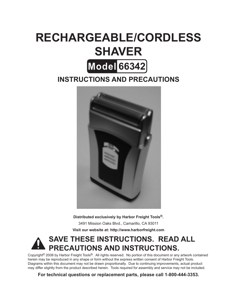 Harbor Freight Tools Rechargeable/Cordless Shaver 66342 User Manual | 3 pages