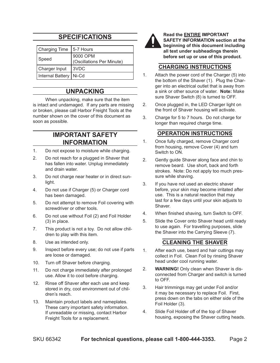 Specifications, Unpacking, Important safety information | Harbor Freight Tools Rechargeable/Cordless Shaver 66342 User Manual | Page 2 / 3