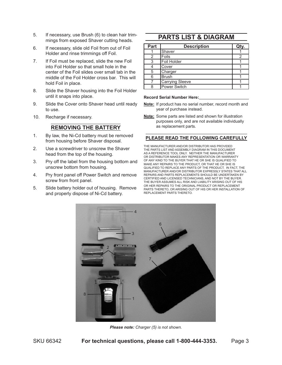 Parts list & diagram, Removing the battery | Harbor Freight Tools Rechargeable/Cordless Shaver 66342 User Manual | Page 3 / 3