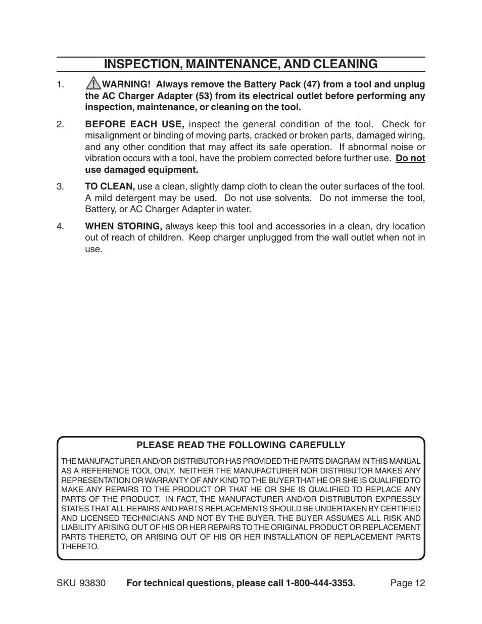 Inspection, maintenance, and cleaning | Harbor Freight Tools 93830 User Manual | Page 12 / 13