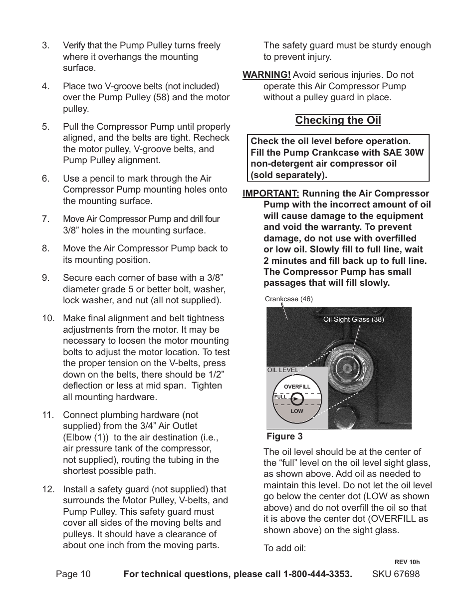 Checking the oil | Harbor Freight Tools 67698 User Manual | Page 10 / 16