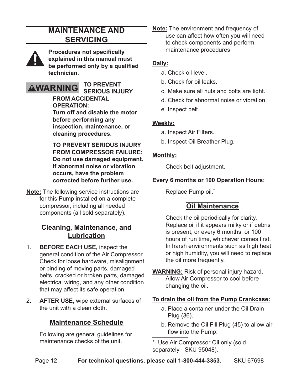 Maintenance and servicing | Harbor Freight Tools 67698 User Manual | Page 12 / 16