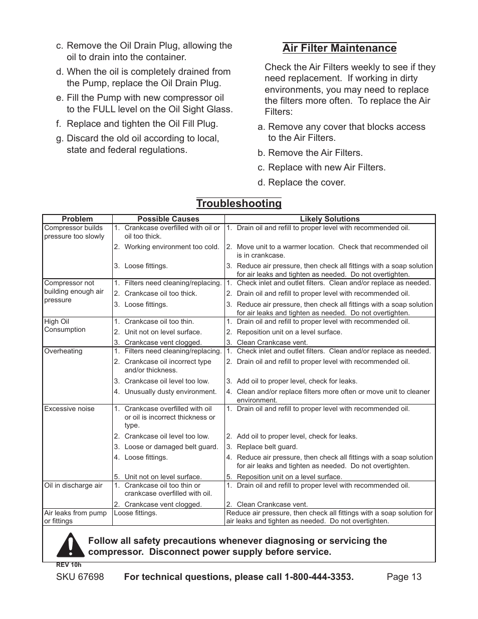 Air filter maintenance, Troubleshooting | Harbor Freight Tools 67698 User Manual | Page 13 / 16