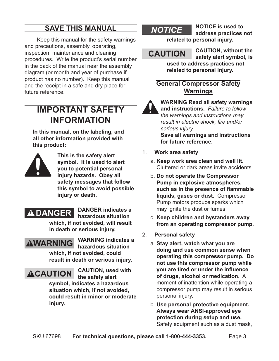 Important safety information, Save this manual | Harbor Freight Tools 67698 User Manual | Page 3 / 16