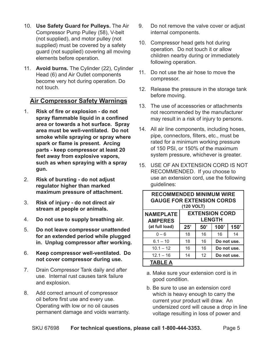 Air compressor safety warnings | Harbor Freight Tools 67698 User Manual | Page 5 / 16