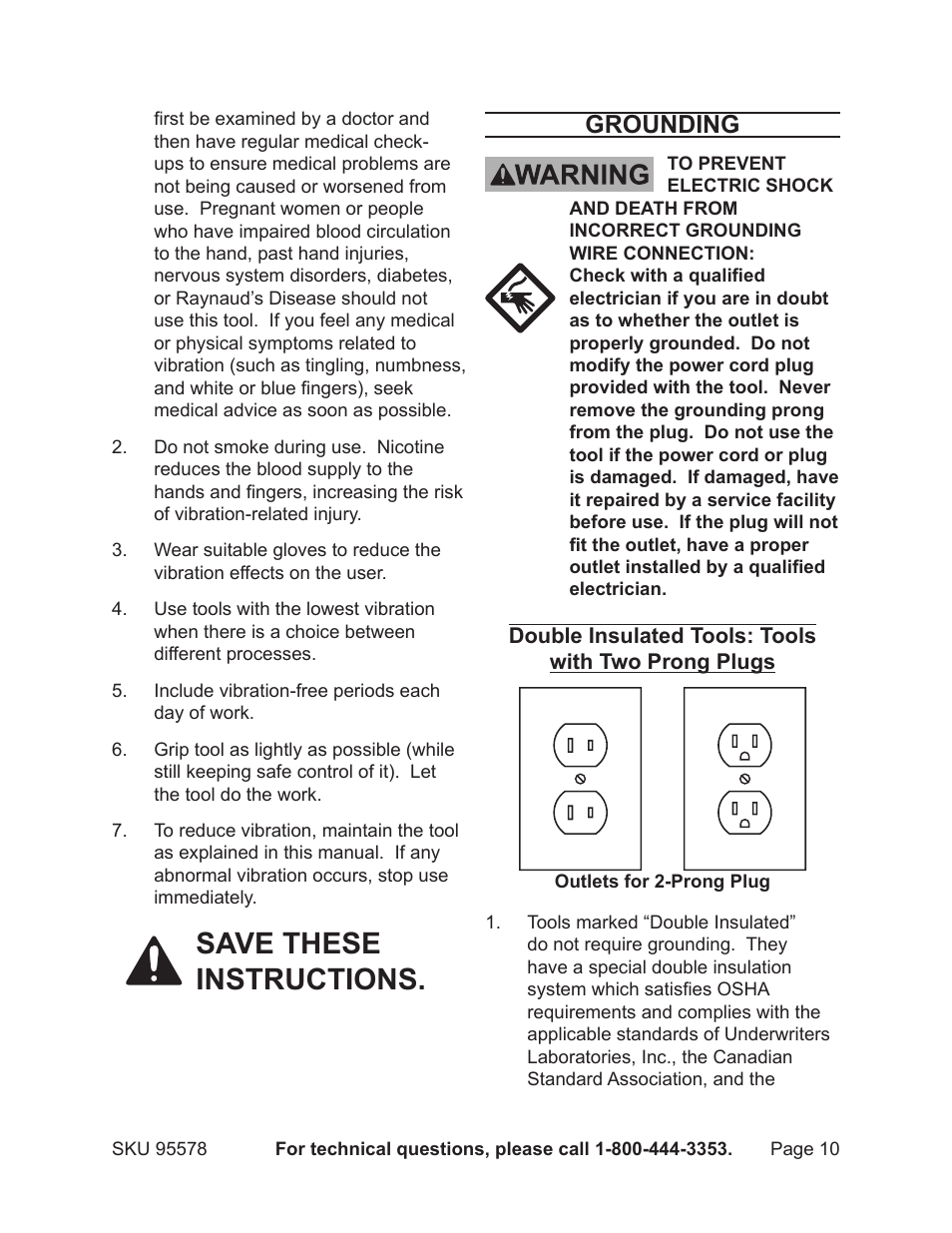 Save these instructions, Grounding | Harbor Freight Tools 95578 User Manual | Page 10 / 20