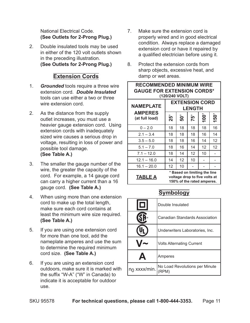 Extension cords, Symbology | Harbor Freight Tools 95578 User Manual | Page 11 / 20