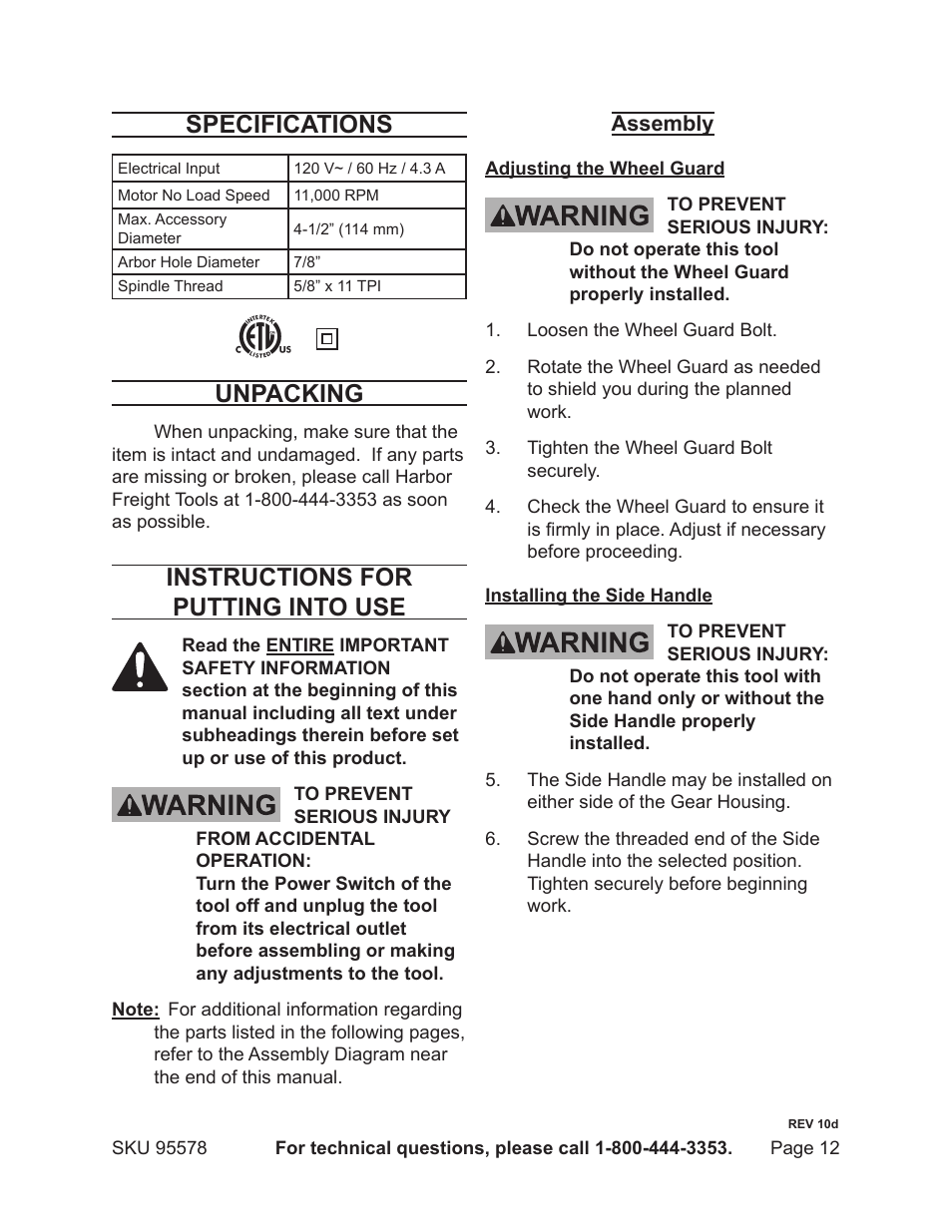 Specifications, Unpacking, Instructions for putting into use | Harbor Freight Tools 95578 User Manual | Page 12 / 20