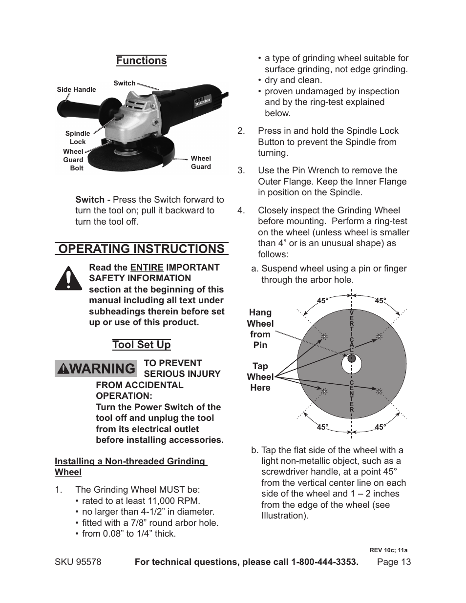 Operating instructions, Functions, Tool set up | Harbor Freight Tools 95578 User Manual | Page 13 / 20