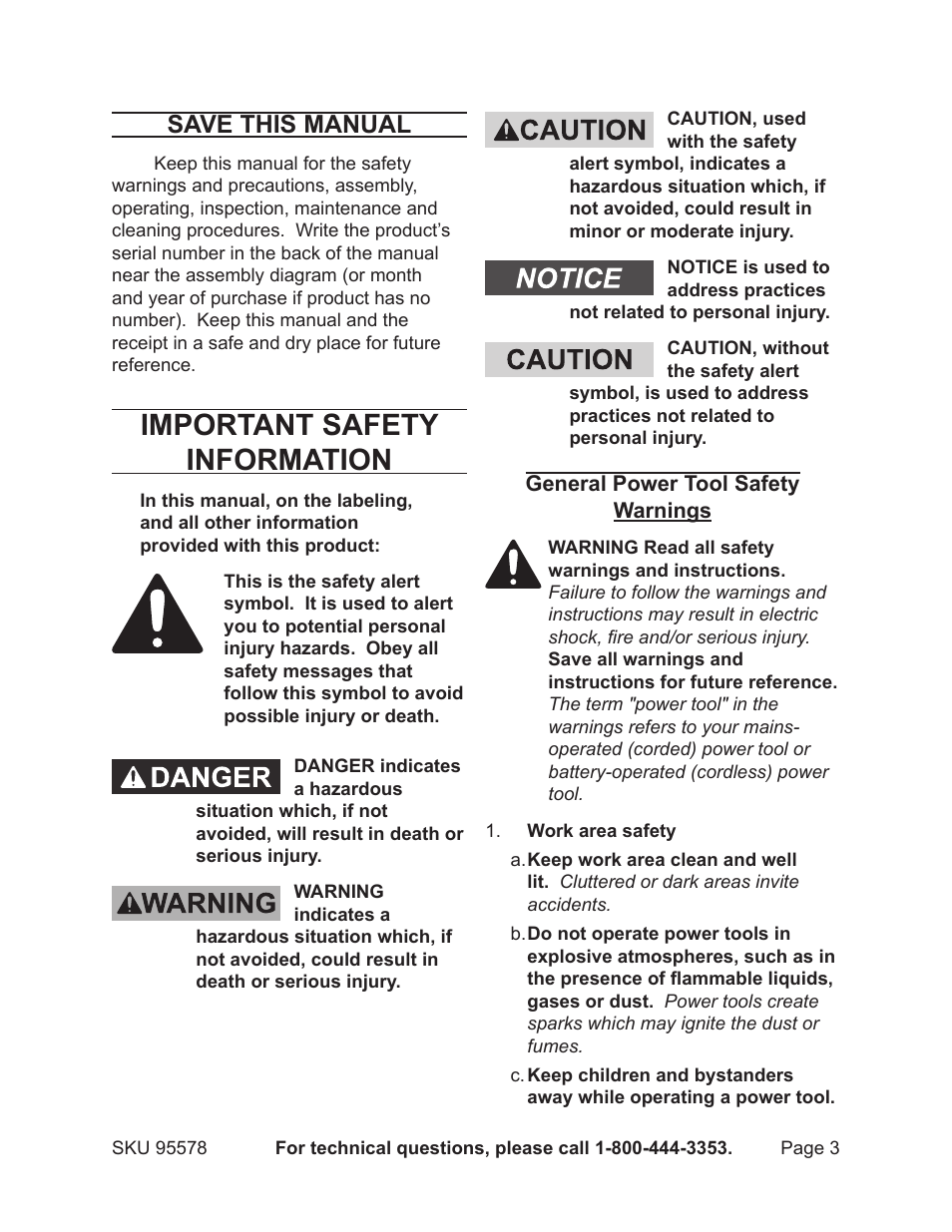 Important safety information, Save this manual | Harbor Freight Tools 95578 User Manual | Page 3 / 20