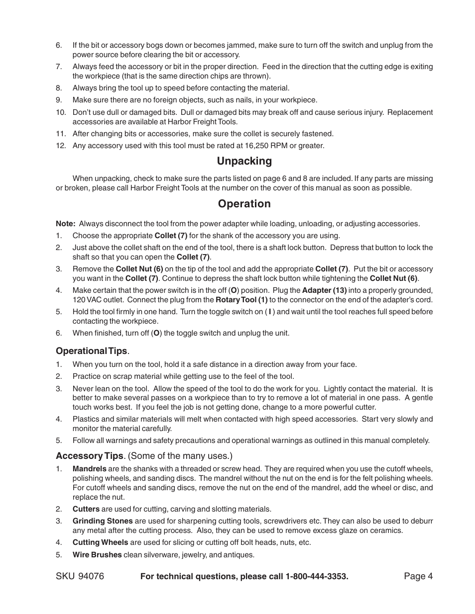 Unpacking, Operation | Harbor Freight Tools 94076 User Manual | Page 4 / 8