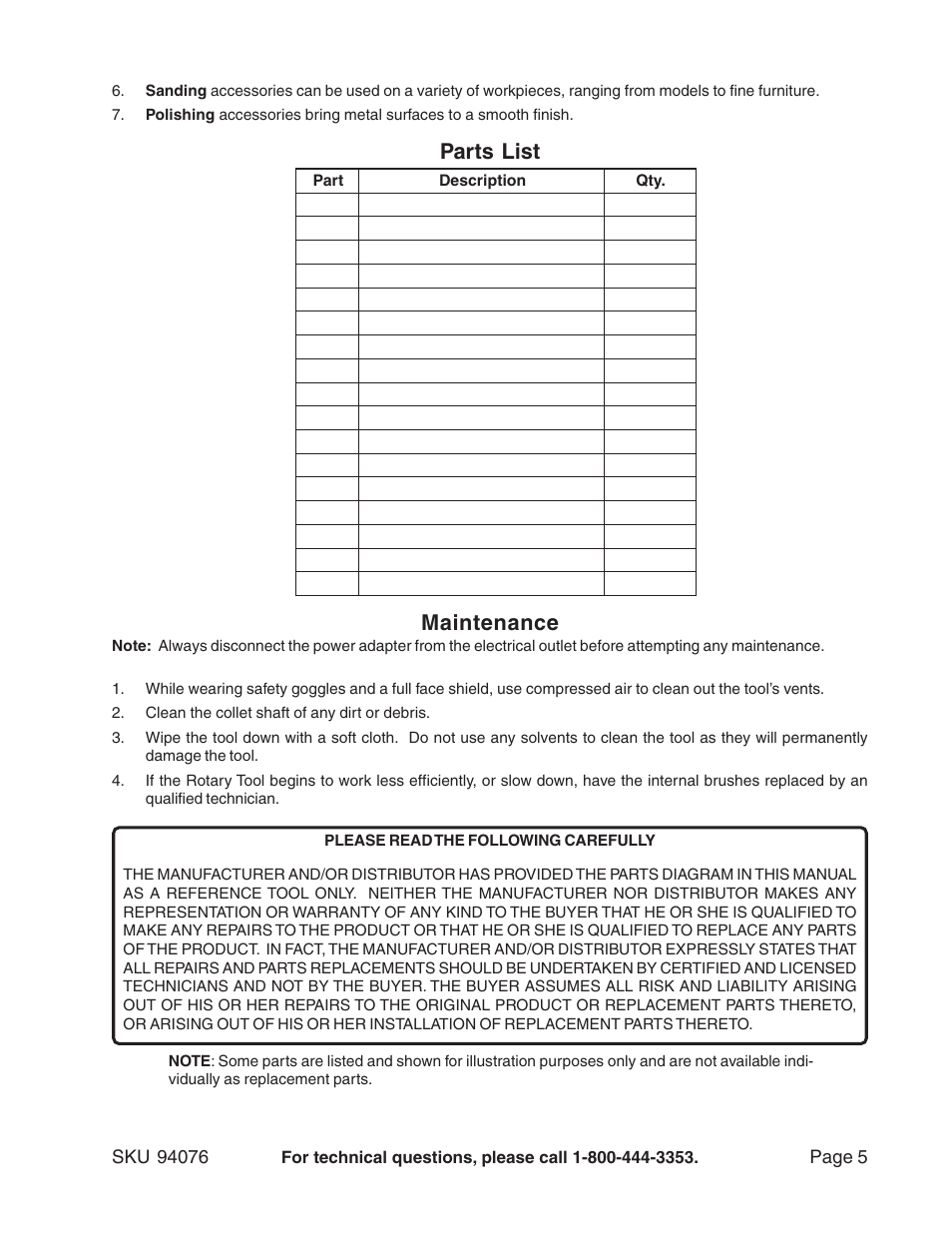 Parts list, Maintenance | Harbor Freight Tools 94076 User Manual | Page 5 / 8