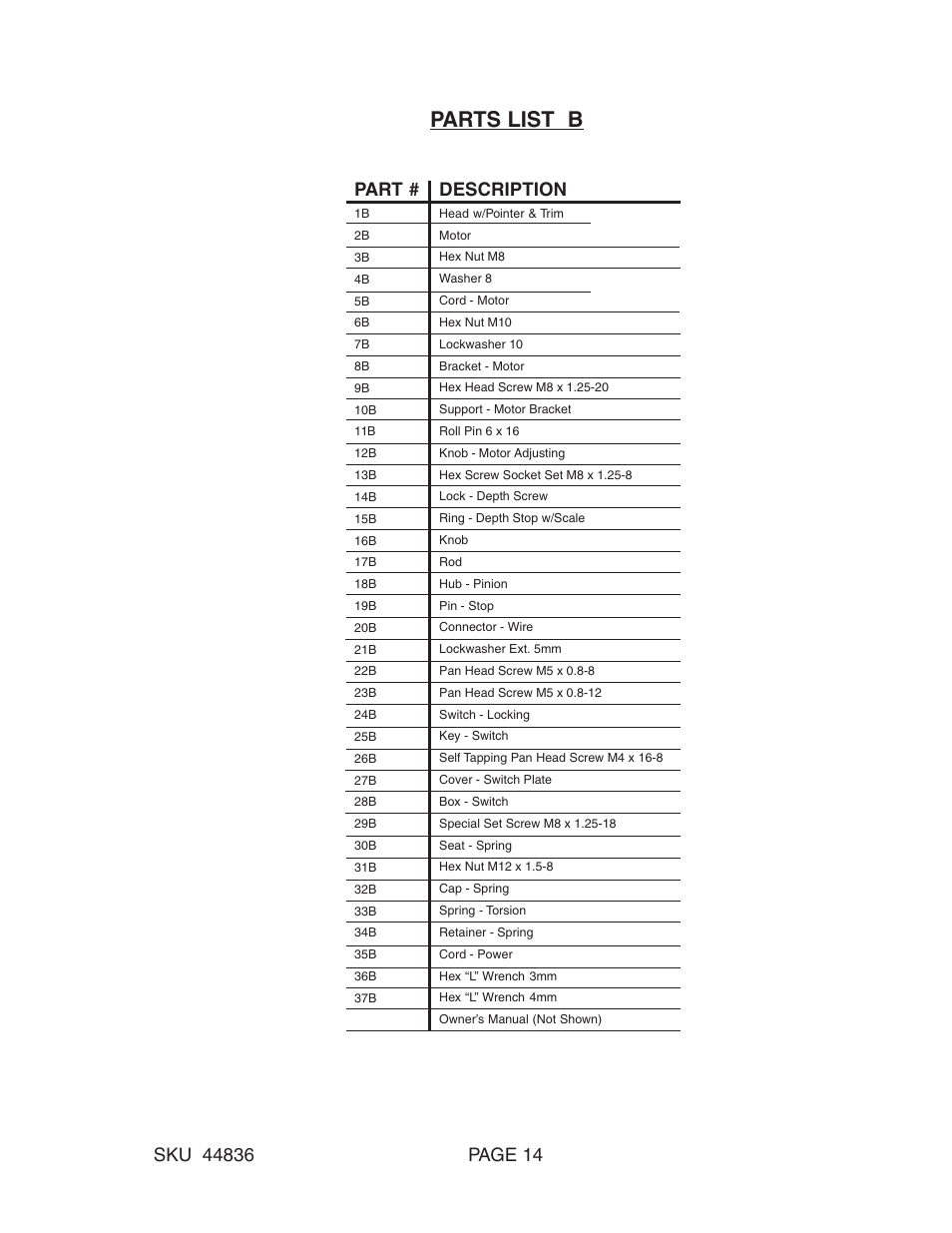 Parts list b, Description, Part | Harbor Freight Tools 44836 User Manual | Page 14 / 16
