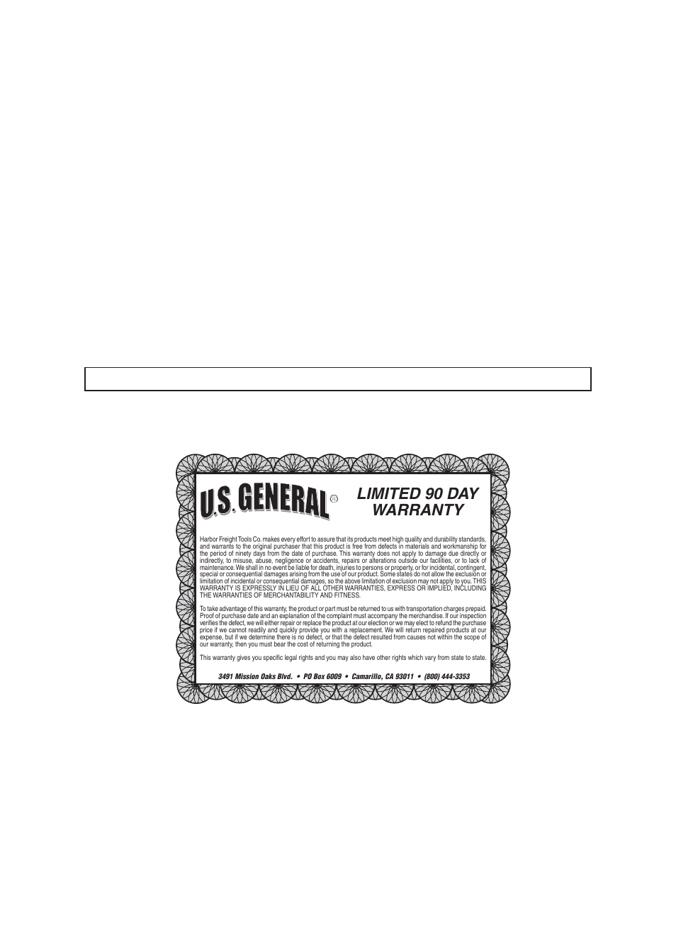 Limited 90 day warranty | Harbor Freight Tools U.S. GENERAL 95181 User Manual | Page 7 / 7