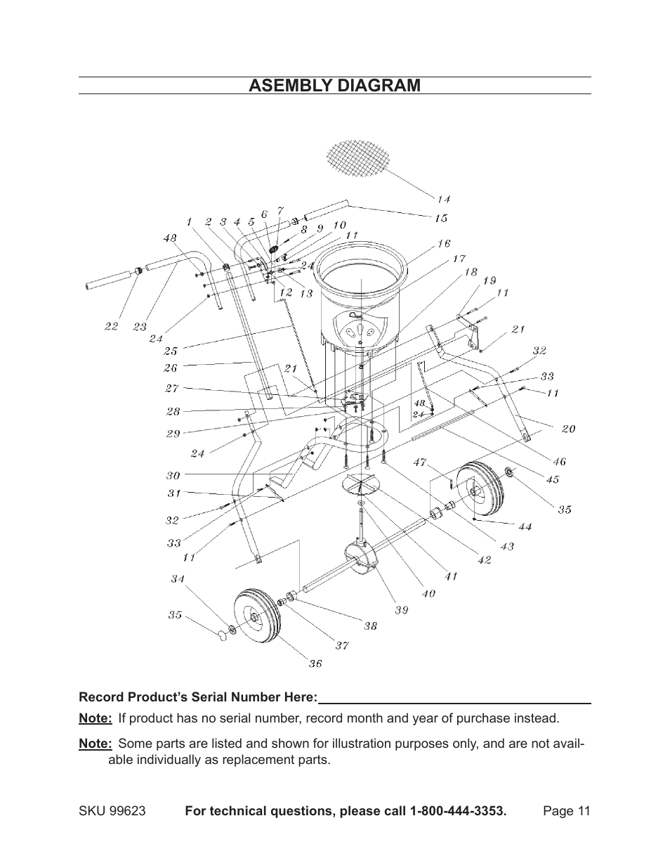 Asembly diagram | Harbor Freight Tools 99623 User Manual | Page 11 / 11