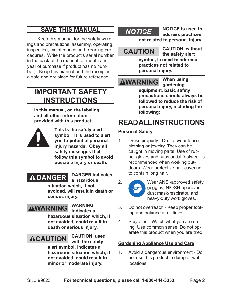 Important safety instructions, Read all instructions, Save this manual | Harbor Freight Tools 99623 User Manual | Page 2 / 11