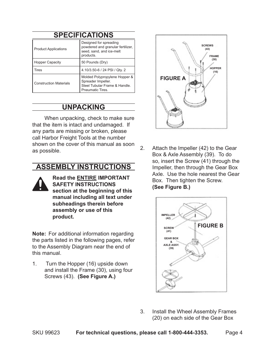 Specifications, Unpacking, Assembly instructions | Harbor Freight Tools 99623 User Manual | Page 4 / 11