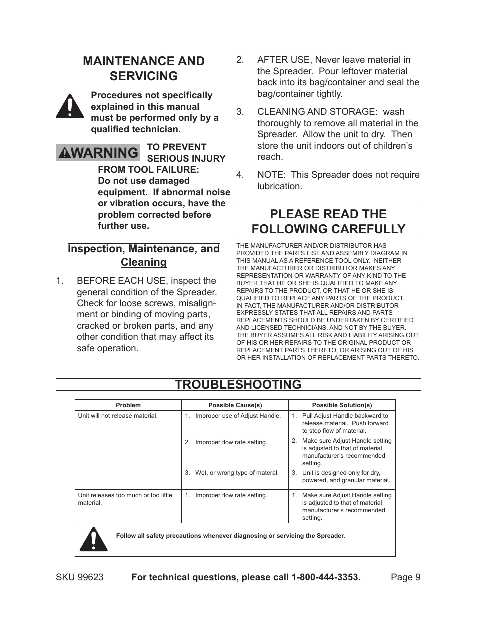 Maintenance and servicing, Please read the following carefully, Troubleshooting | Inspection, maintenance, and cleaning | Harbor Freight Tools 99623 User Manual | Page 9 / 11