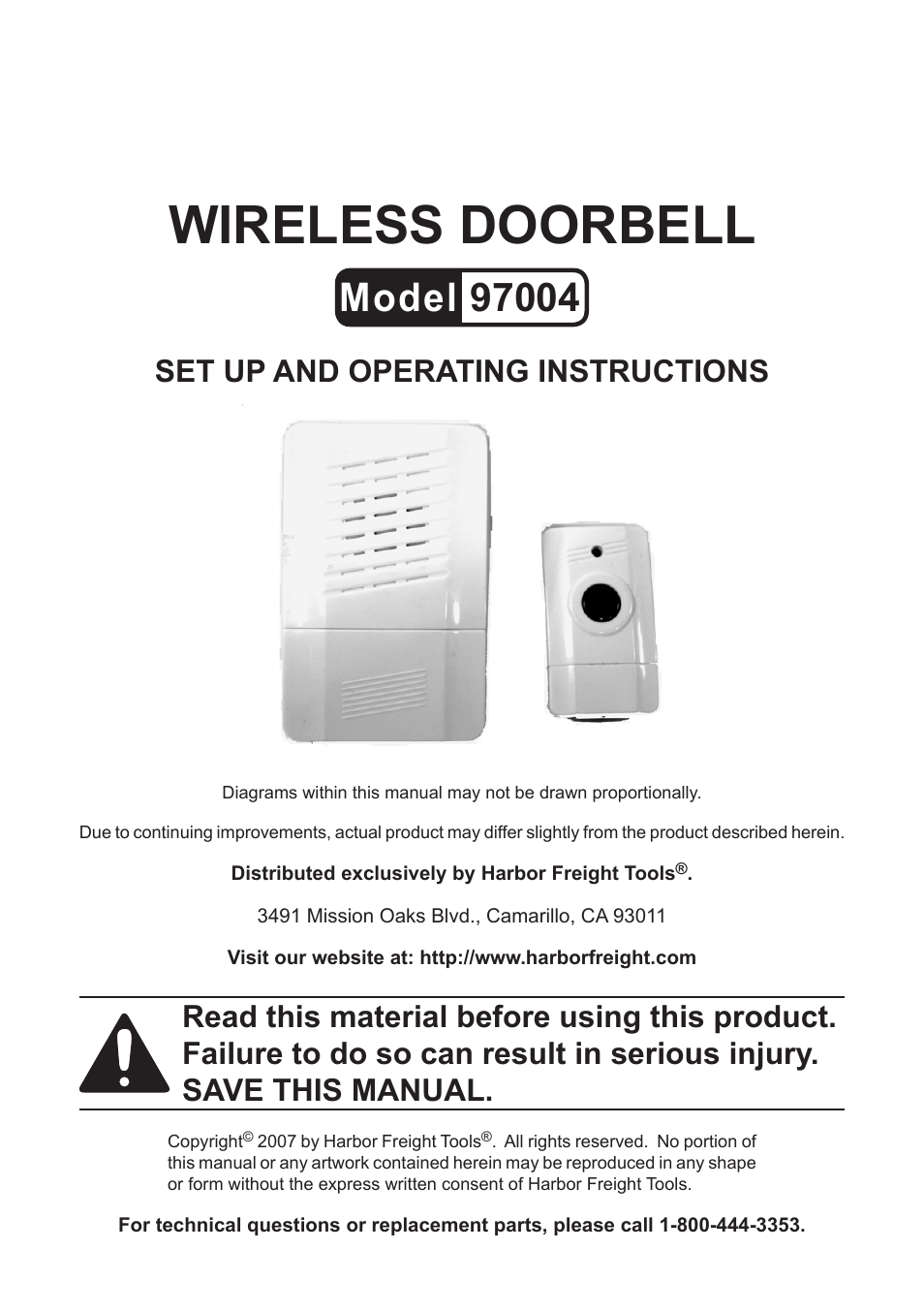 Harbor Freight Tools wireless doorbell 97004 User Manual | 7 pages