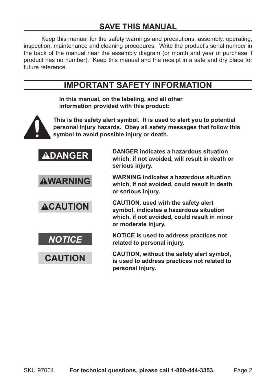 Danger, Important safety information, Save this manual | Harbor Freight Tools wireless doorbell 97004 User Manual | Page 2 / 7