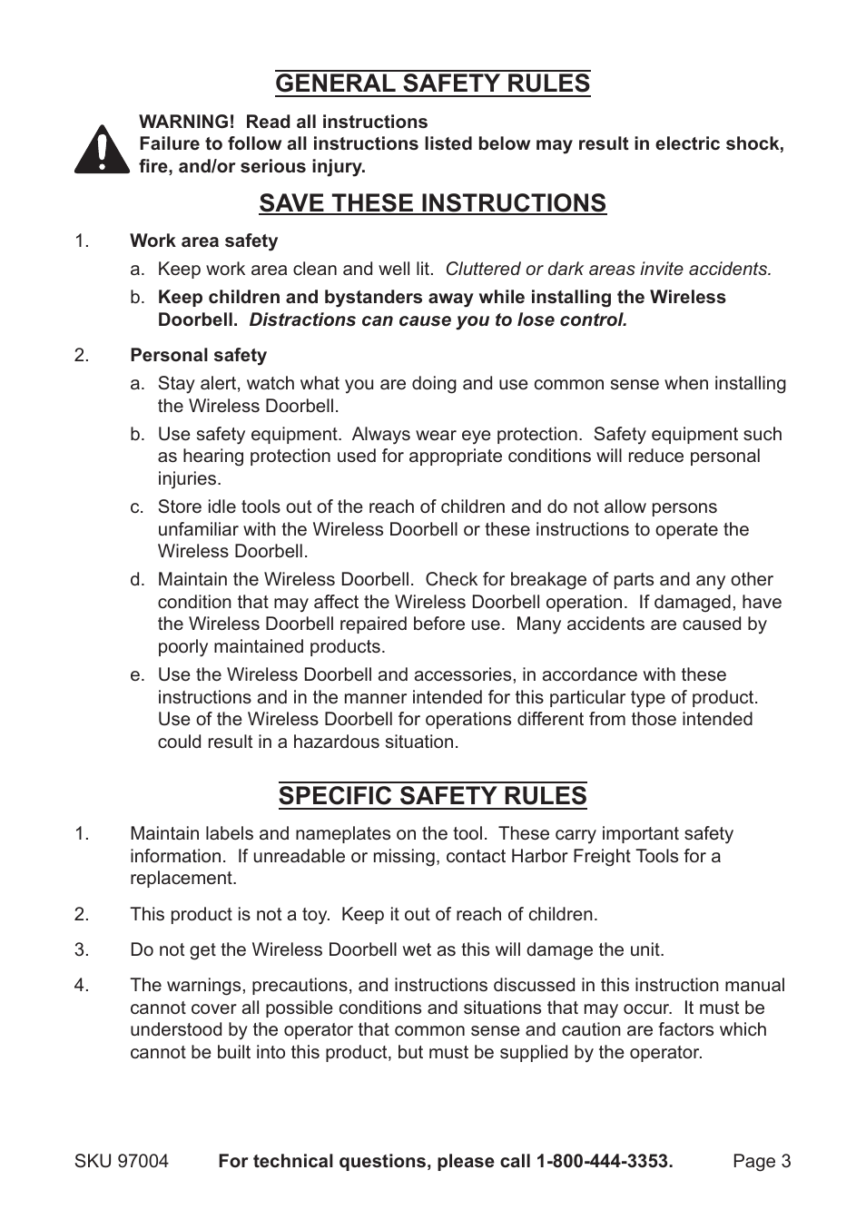 General safety rules, Save these instructions, Specific safety rules | Harbor Freight Tools wireless doorbell 97004 User Manual | Page 3 / 7