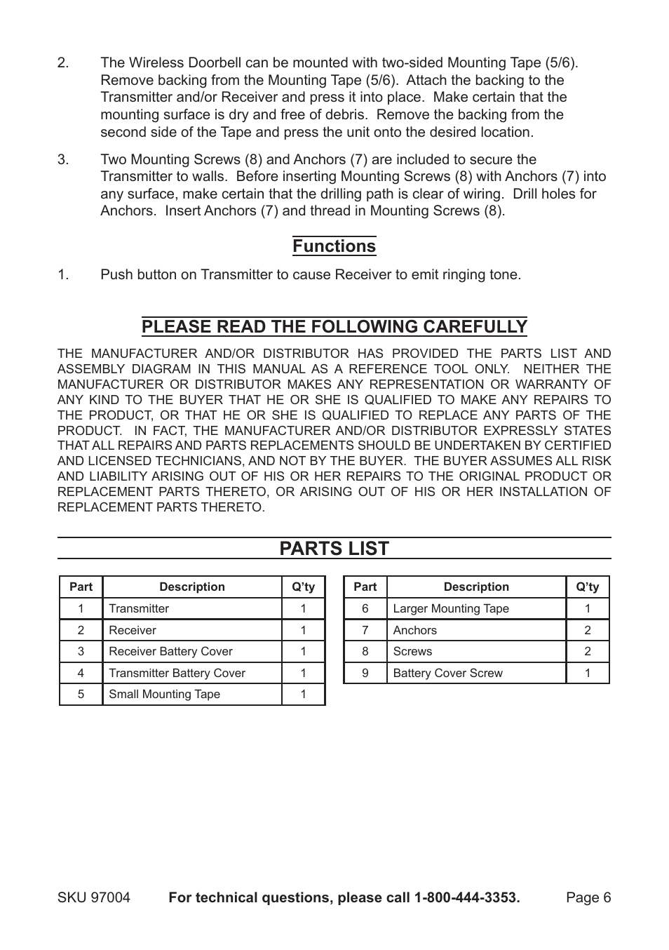 Parts list, Functions, Please read the following carefully | Harbor Freight Tools wireless doorbell 97004 User Manual | Page 6 / 7