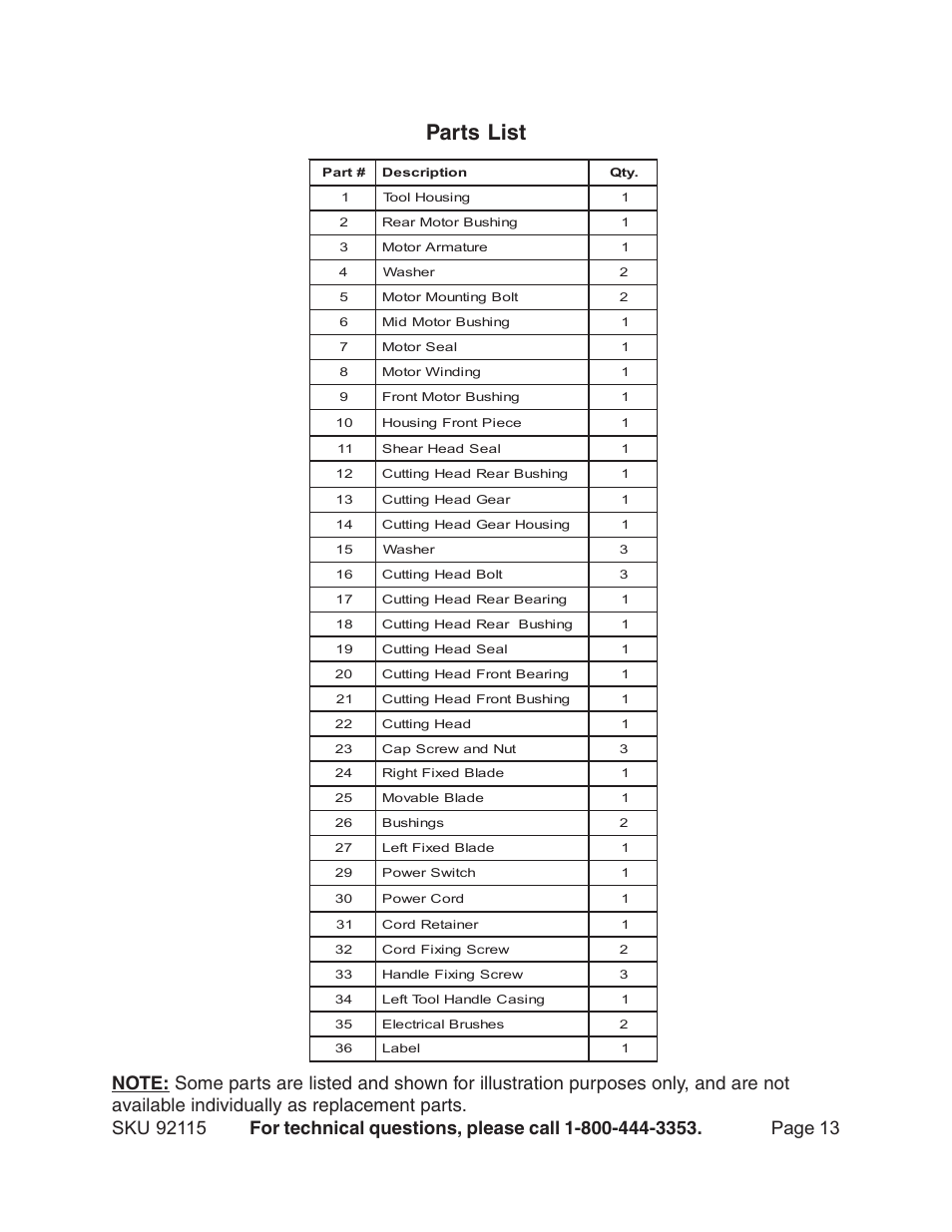 Parts list | Harbor Freight Tools 92115 User Manual | Page 13 / 14
