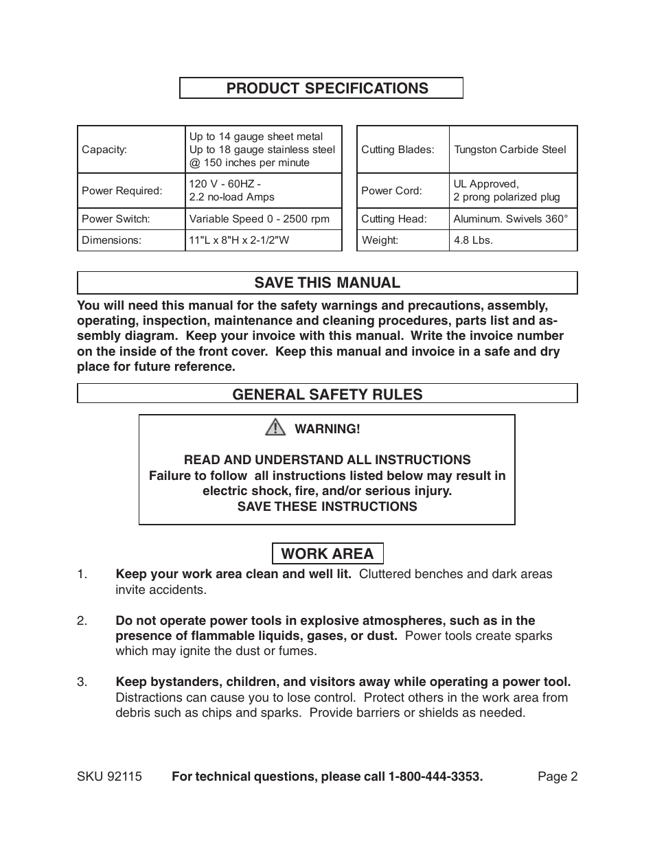 Product specifications save this manual, General safety rules, Work area | Harbor Freight Tools 92115 User Manual | Page 2 / 14