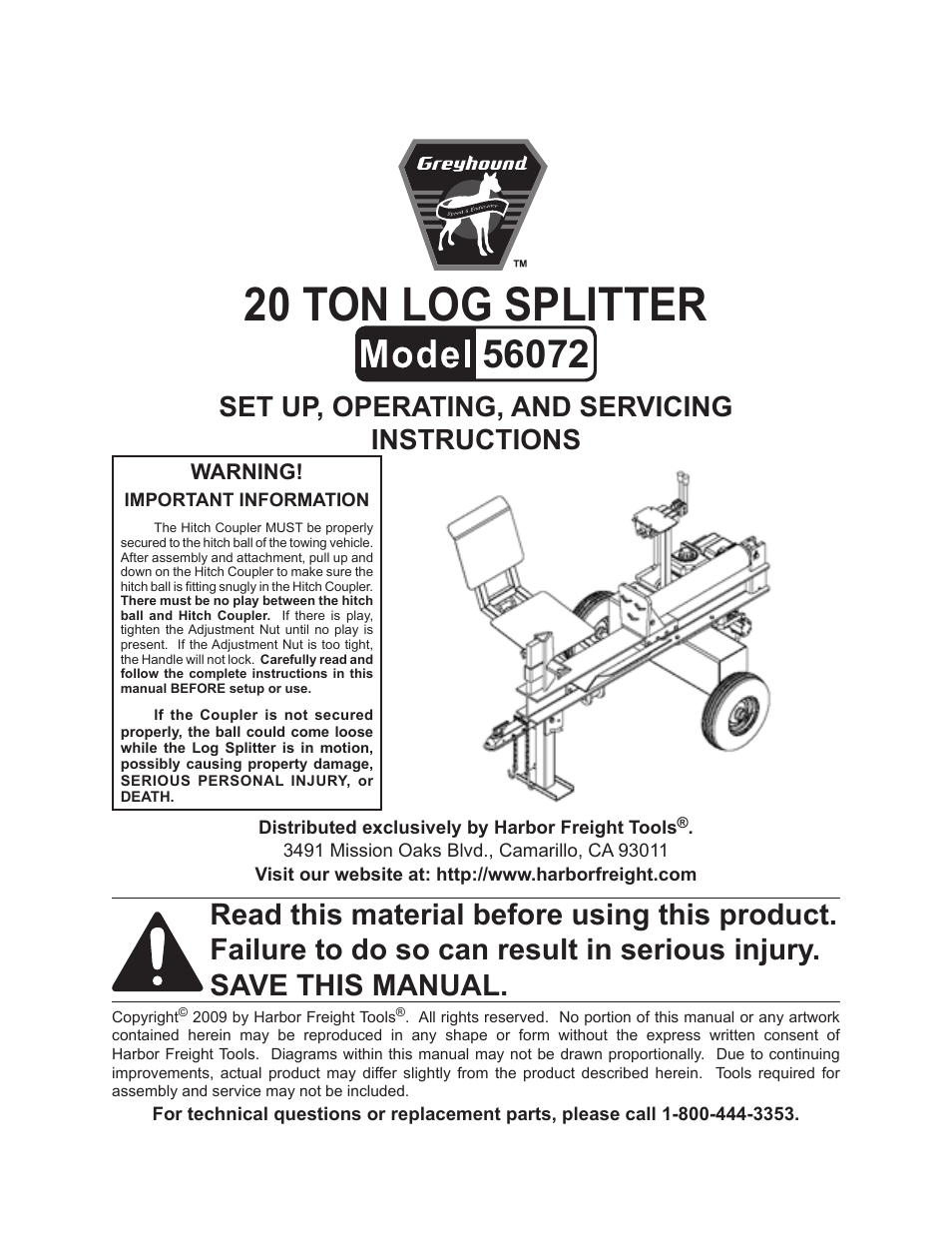 Harbor Freight Tools GREYHOUND 56072 User Manual | 20 pages