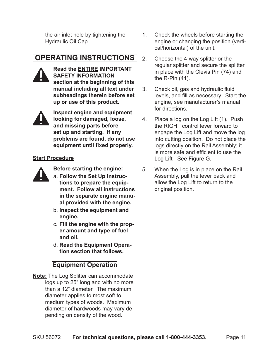 Operating instructions | Harbor Freight Tools GREYHOUND 56072 User Manual | Page 11 / 20