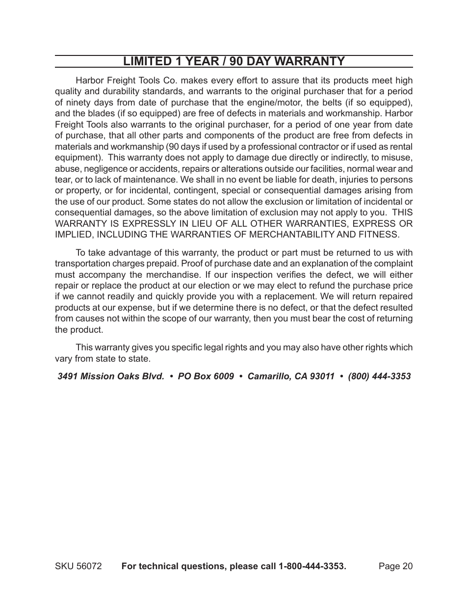 Limited 1 year / 90 day warranty | Harbor Freight Tools GREYHOUND 56072 User Manual | Page 20 / 20