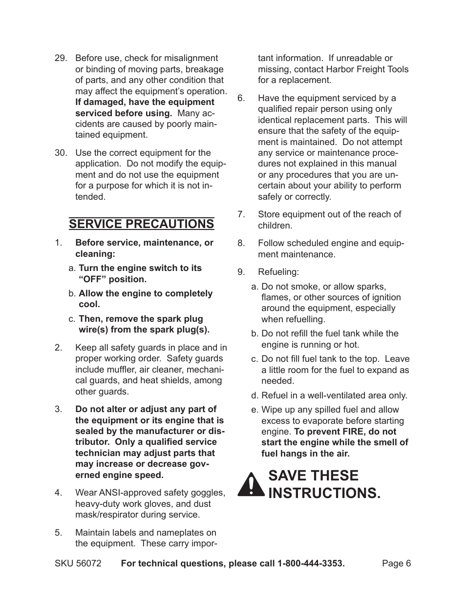 Save these instructions, Service precautions | Harbor Freight Tools GREYHOUND 56072 User Manual | Page 6 / 20