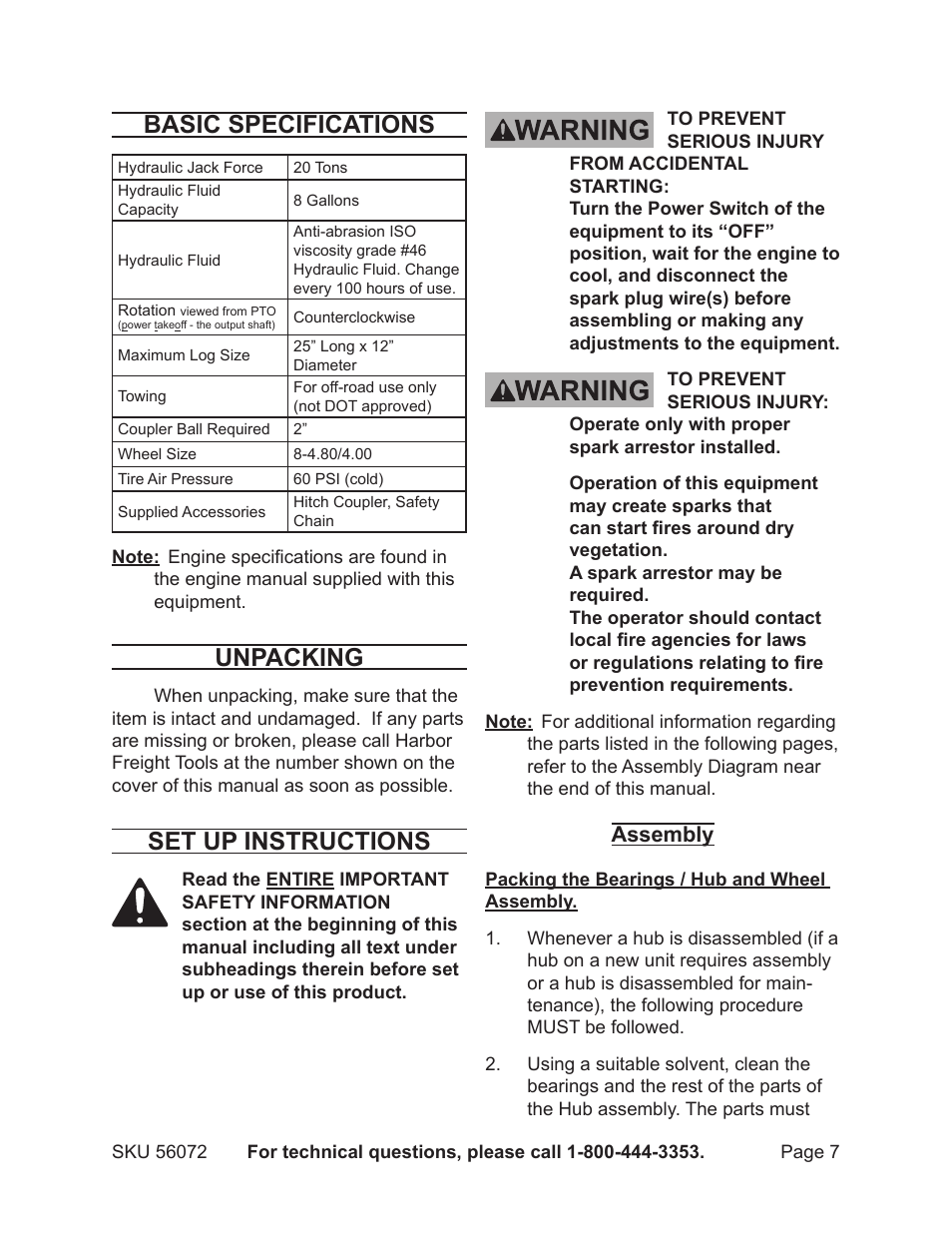 Basic specifications, Unpacking, Set up instructions | Assembly | Harbor Freight Tools GREYHOUND 56072 User Manual | Page 7 / 20