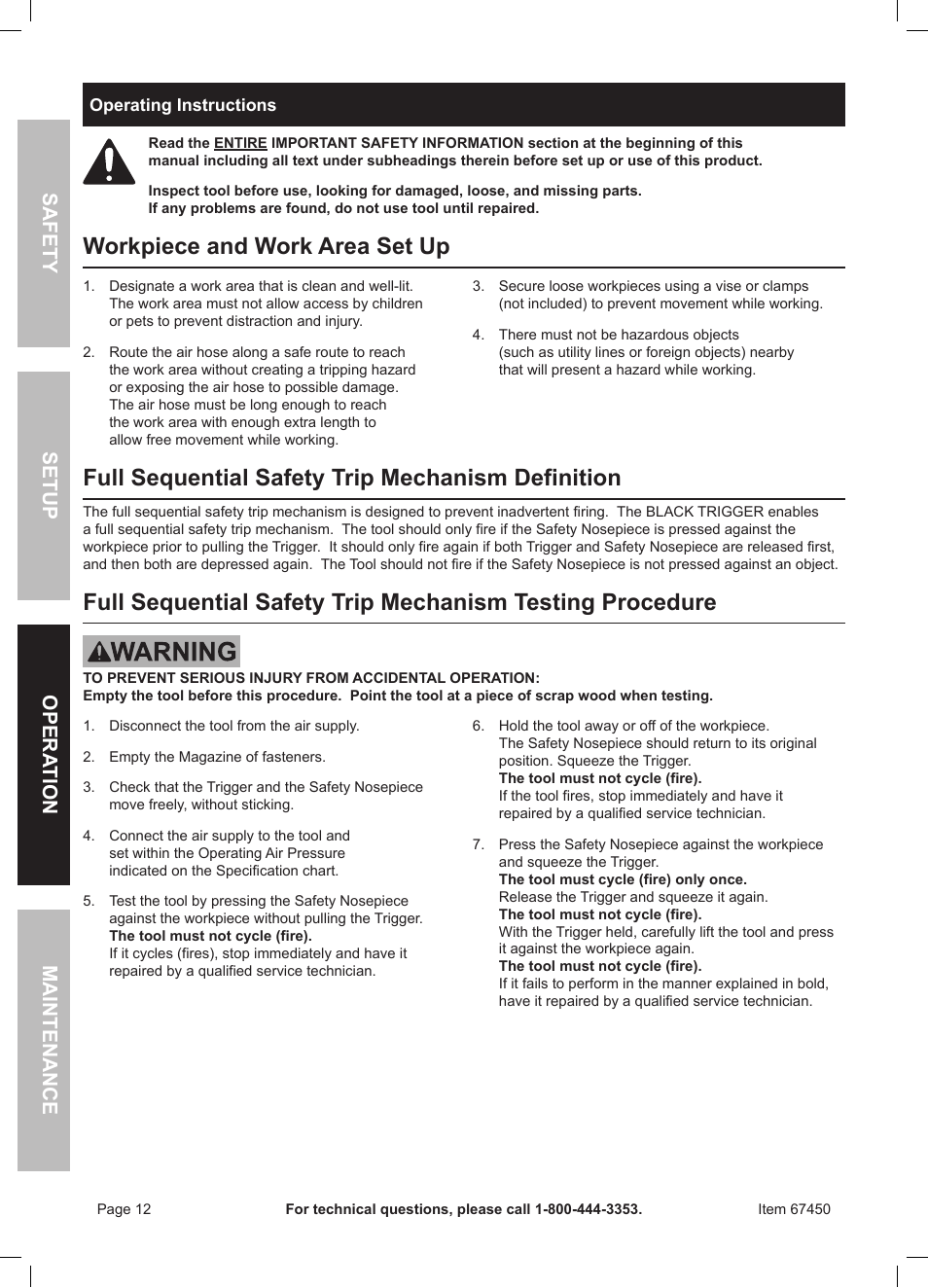 Workpiece and work area set up, Full sequential safety trip mechanism definition, Safety opera tion maintenance setup | Harbor Freight Tools 67450 User Manual | Page 12 / 20