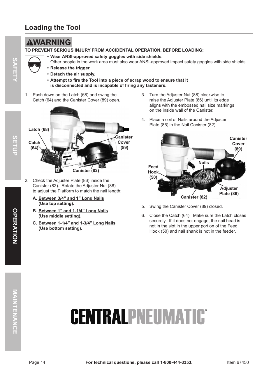 Loading the tool, Safety opera tion maintenance setup | Harbor Freight Tools 67450 User Manual | Page 14 / 20