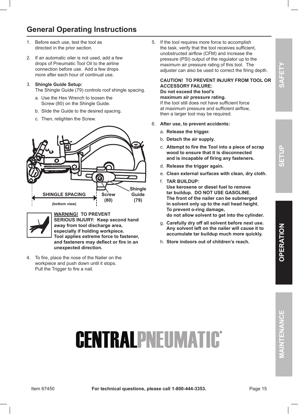 General operating instructions, Safety opera tion maintenance setup | Harbor Freight Tools 67450 User Manual | Page 15 / 20