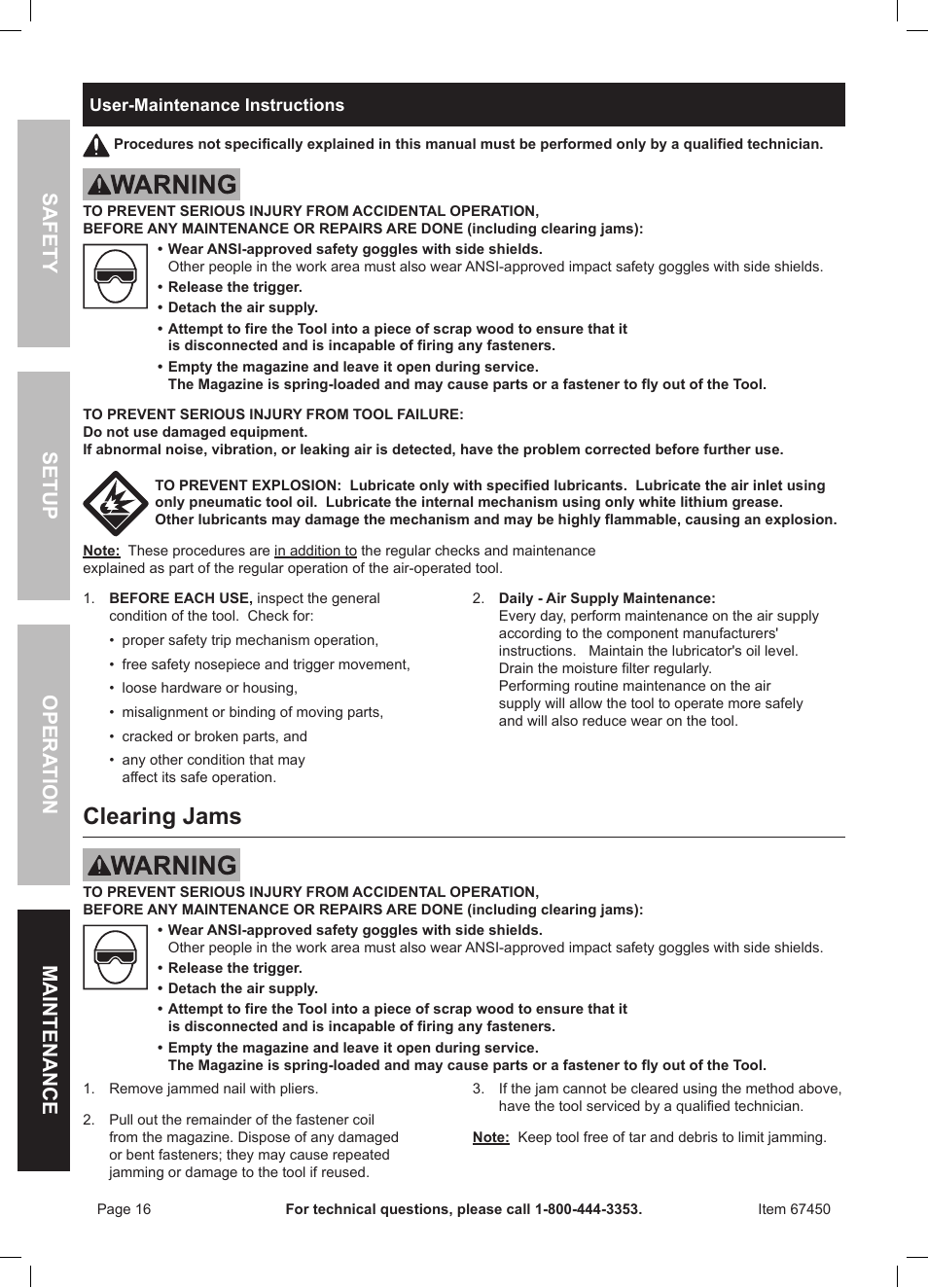 Clearing jams, Safety opera tion maintenance setup | Harbor Freight Tools 67450 User Manual | Page 16 / 20