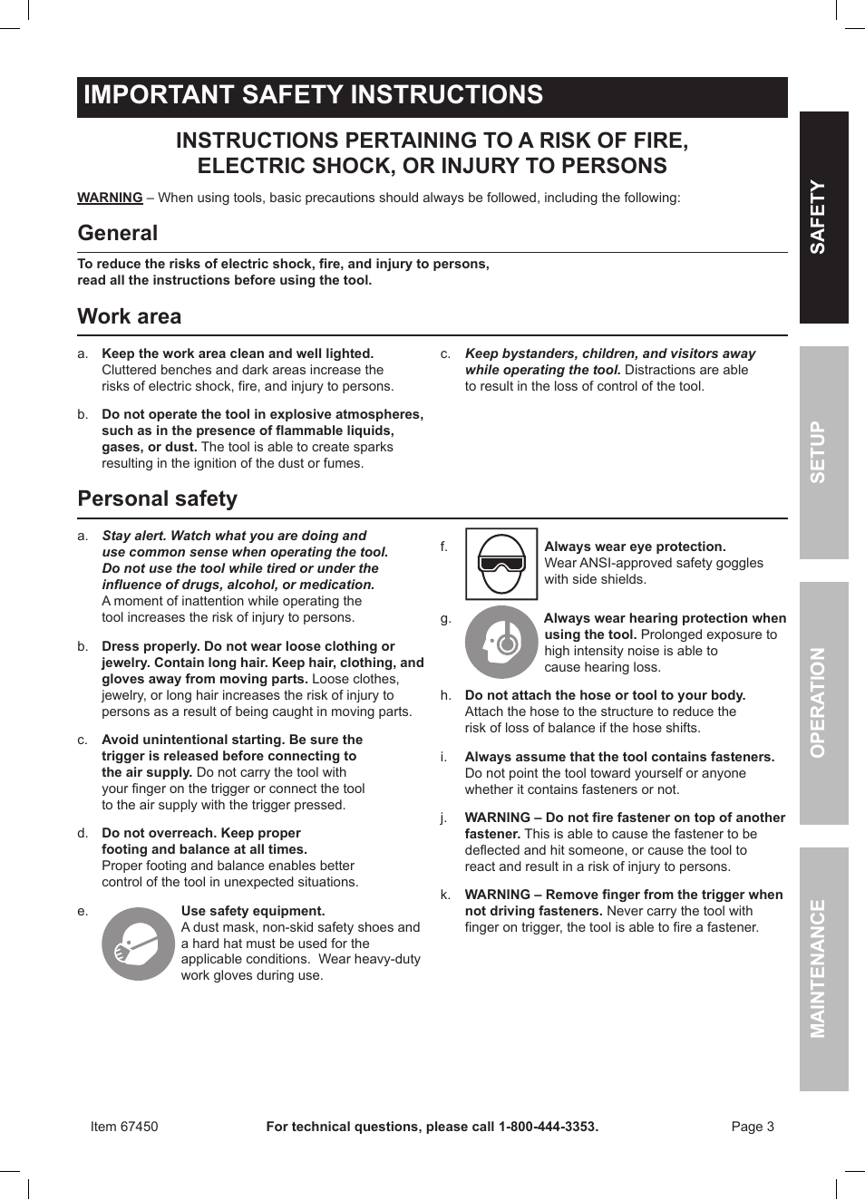 Important safety instructions, General, Work area | Personal safety, Safety opera tion maintenance setup | Harbor Freight Tools 67450 User Manual | Page 3 / 20