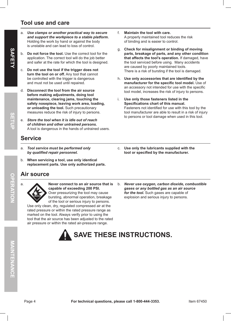 Save these instructions, Tool use and care, Service | Air source, Safety opera tion maintenance setup | Harbor Freight Tools 67450 User Manual | Page 4 / 20