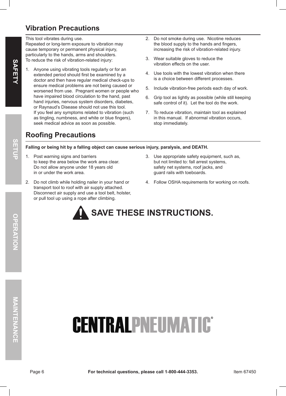 Save these instructions, Vibration precautions, Roofing precautions | Safety opera tion maintenance setup | Harbor Freight Tools 67450 User Manual | Page 6 / 20