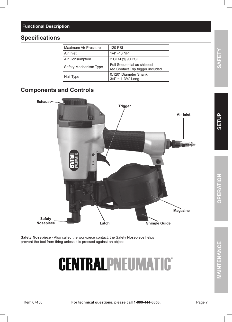 Specifications, Components and controls, Safety opera tion maintenance setup | Harbor Freight Tools 67450 User Manual | Page 7 / 20