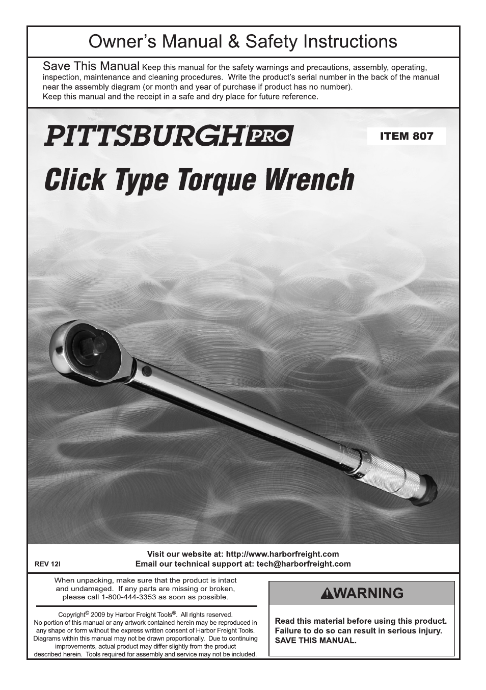 Harbor Freight Tools click type torque wrench 807 User Manual | 4 pages