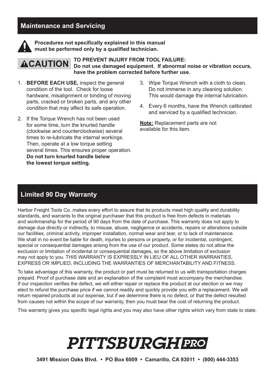 Maintenance and servicing, Limited 90 day warranty | Harbor Freight Tools click type torque wrench 807 User Manual | Page 4 / 4