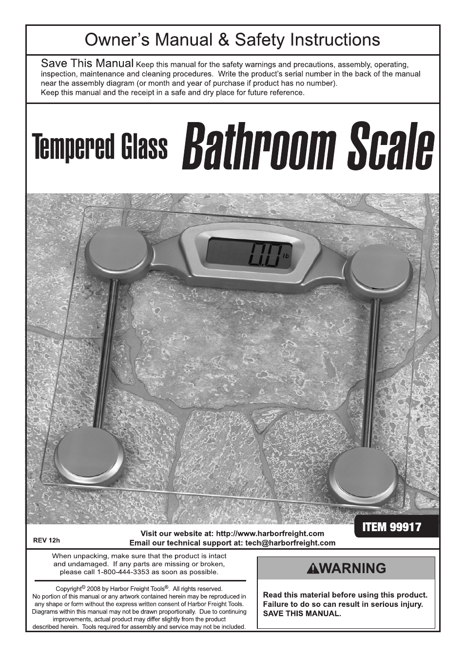 Harbor Freight Tools Tempered Glass Bathroom Scale Item 99917 User Manual | 4 pages