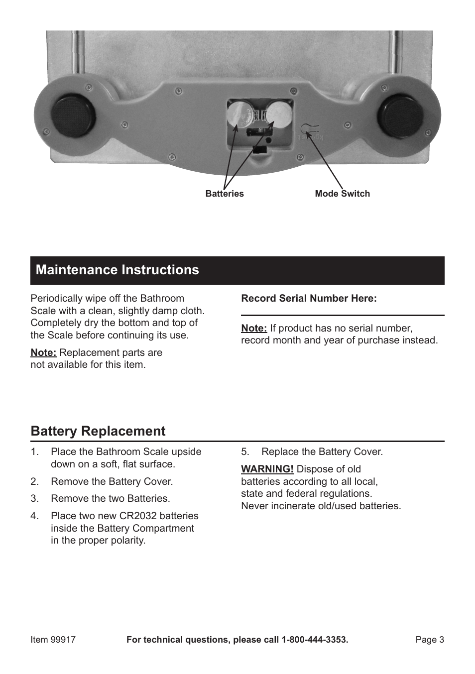 Maintenance instructions, Battery replacement | Harbor Freight Tools Tempered Glass Bathroom Scale Item 99917 User Manual | Page 3 / 4