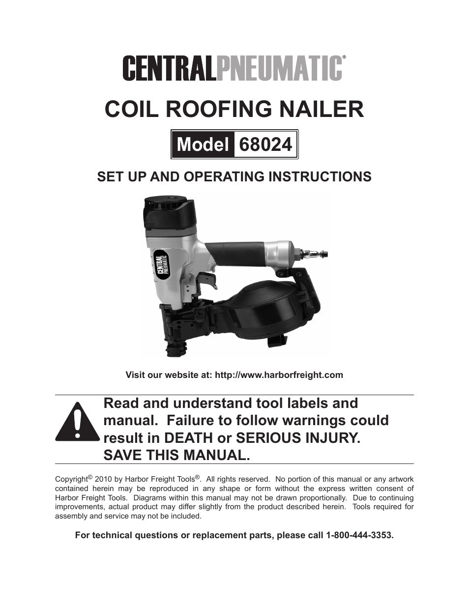 Harbor Freight Tools CentalPneumatic Coil Roofing Nailer 68024 User Manual | 20 pages