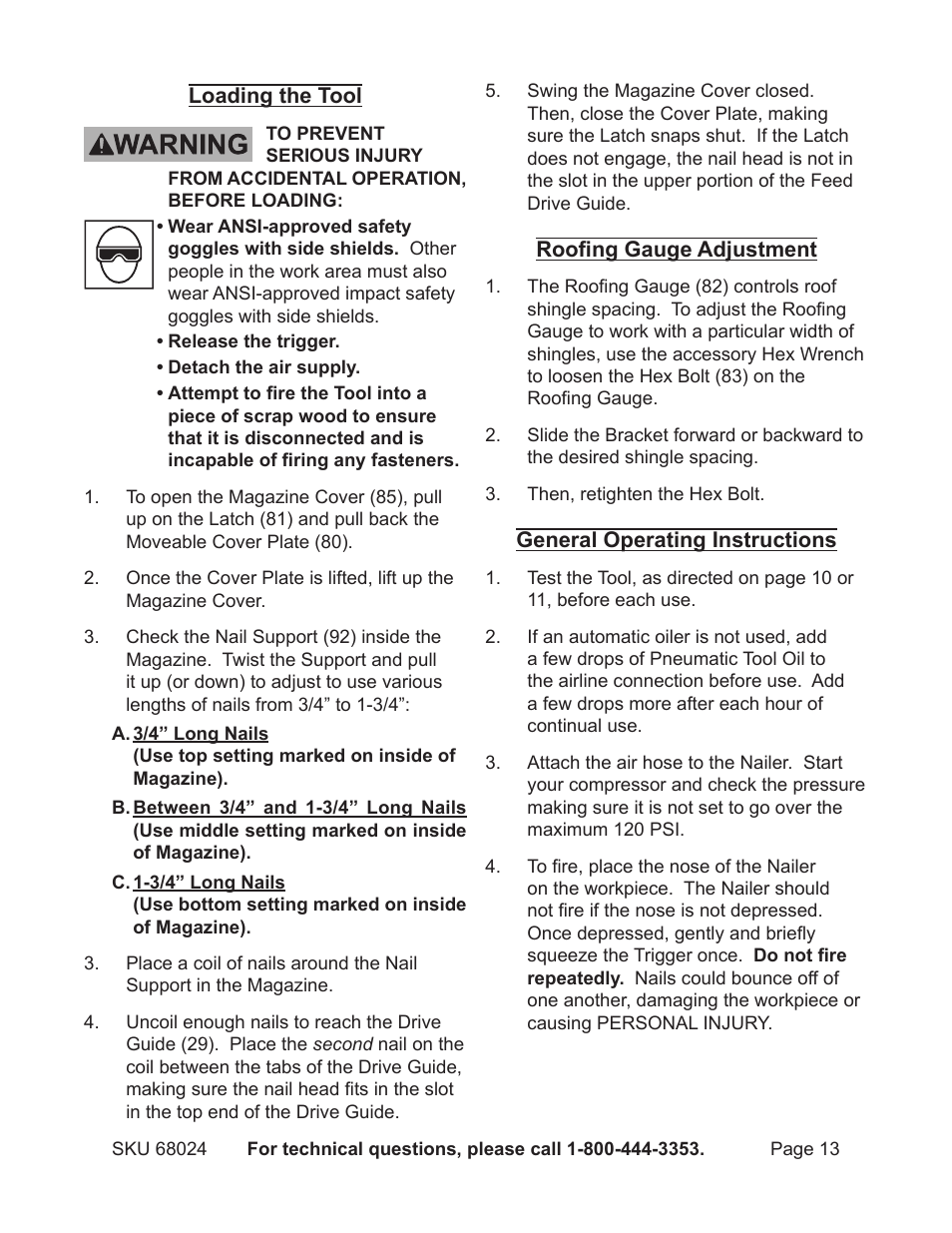 Harbor Freight Tools CentalPneumatic Coil Roofing Nailer 68024 User Manual | Page 13 / 20