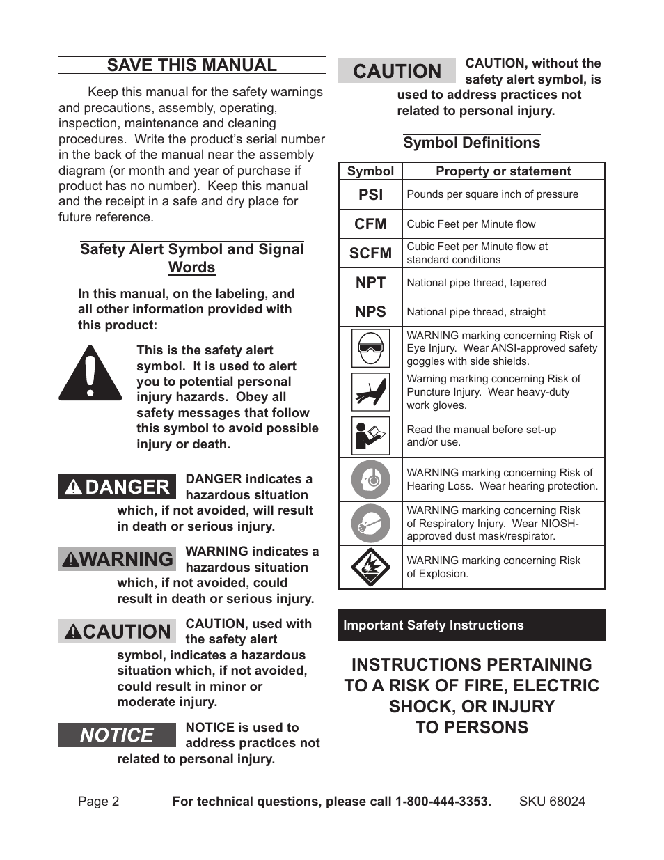 Important safety s, Save this manual | Harbor Freight Tools CentalPneumatic Coil Roofing Nailer 68024 User Manual | Page 2 / 20