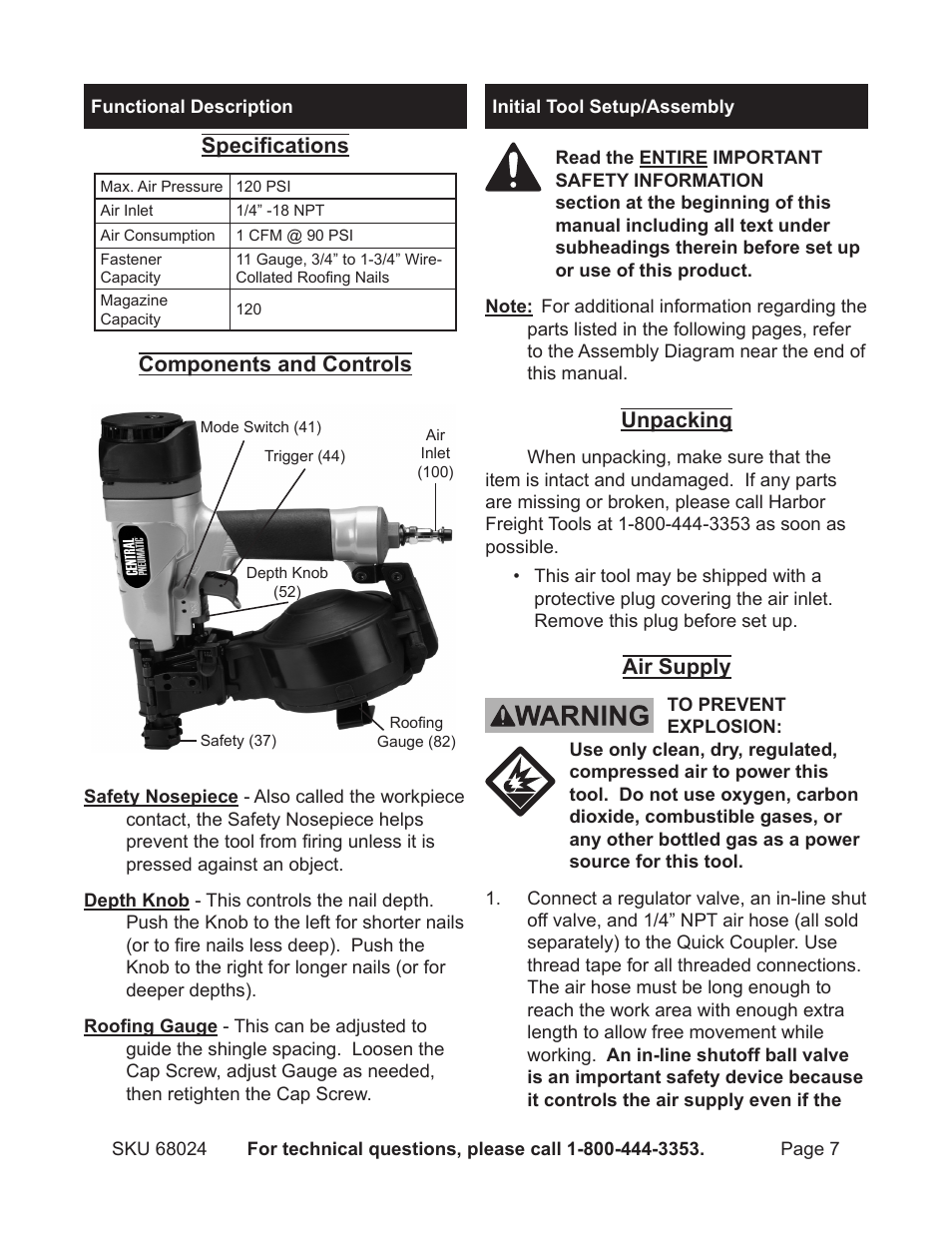 Functional description, Initialassembly | Harbor Freight Tools CentalPneumatic Coil Roofing Nailer 68024 User Manual | Page 7 / 20